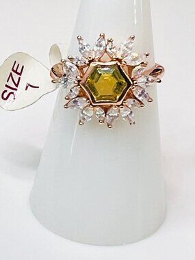 Ring Bomb Party Ring,  size 7, topaz color stone, CZ type accents, rose gold c